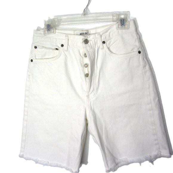 Agolde 90’s Size 27 White Cream Short Denim Jeans Button-Fly Raw Hem Frayed - Picture 3 of 6